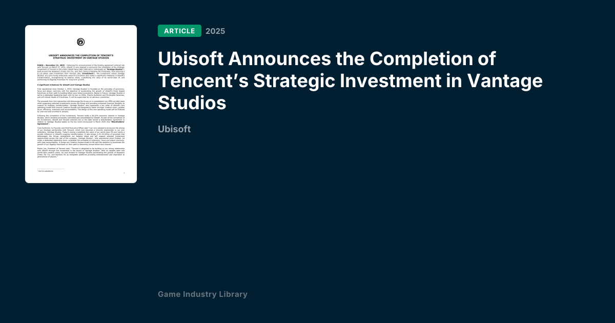 Ubisoft Announces the Completion of Tencent’s Strategic Investment in ...